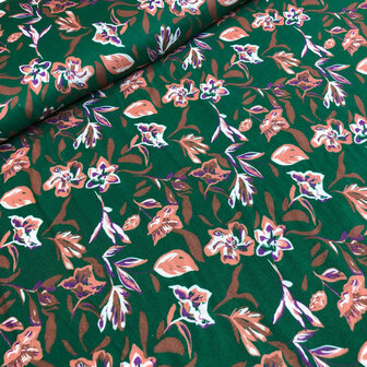 Viscose - Groen met bruinpaarse bloemen