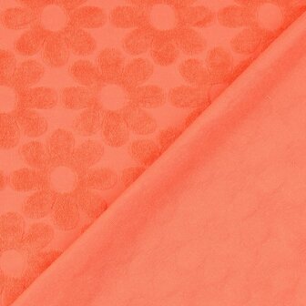 Stretch badstof - Oranje met bloem 
