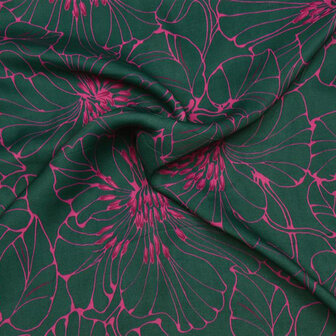 Viscose - Petrolgroen met lijnbloem fuchsia