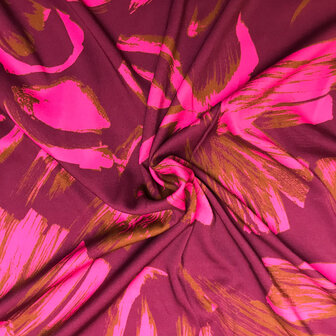 Viscose stretch - Xl fuchsia bloem op wijnrood