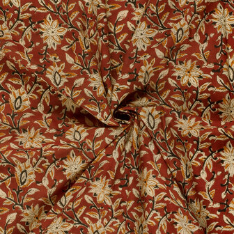 Katoen - Batik oker bloemen op roest