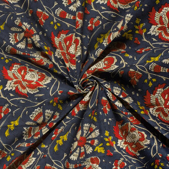 Katoen - Batik grote rode bloem marine