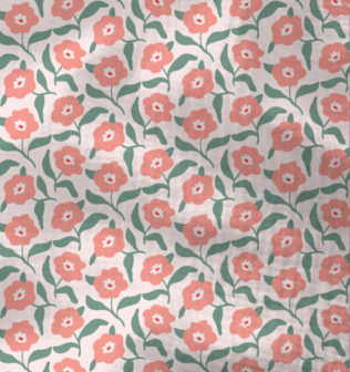 Double gauze - Lichtroze met roze papaver