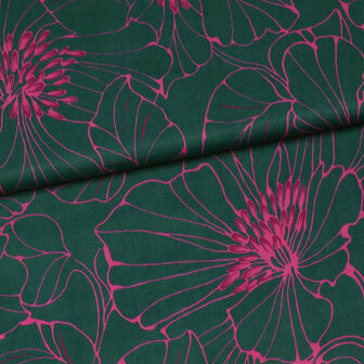 Coupon 120 / Viscose - Petrolgroen met lijnbloem fuchsia