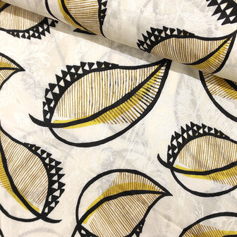Coupon 85 / Viscose -Zwart blad op ecru nathalie 