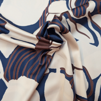 Satijn - Ecru bruin blauw bloem groot