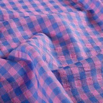 Katoen seersucker - vichy pink blue 10mm