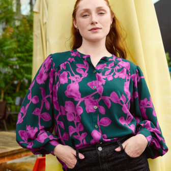 Viscose -Groen met fuchsia bloemenstengel jupe