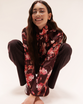 Polyester - Bloemen bordeaux fi