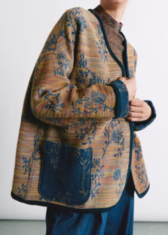 coupon 100 / Jacquard denimblauw met twijgjes fi