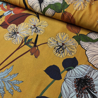 coupon 170 /Viscose - Grote wilde bloemen op mosterd