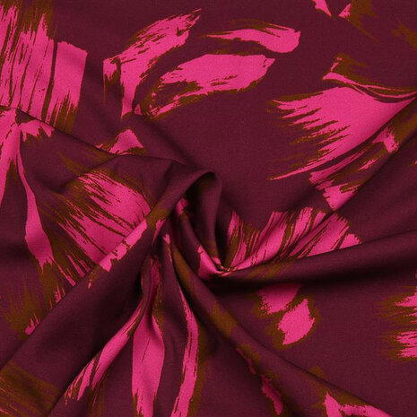 Viscose stretch - Xl fuchsia bloem op wijnrood