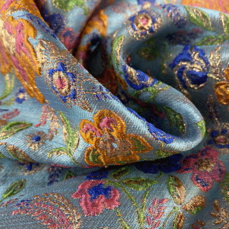 Jacquard - Glitterbloemen oranjeroos op blauw