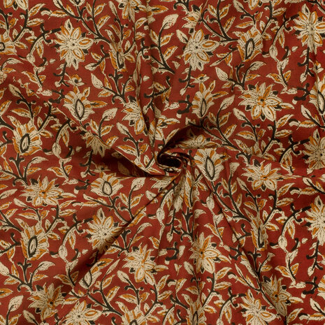 Katoen - Batik oker bloemen op roest