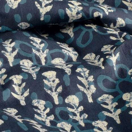 Katoen - Batik abstracte bloemen marine