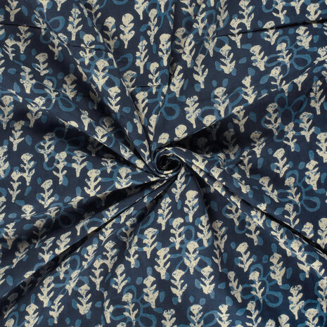 Katoen - Batik abstracte bloemen marine