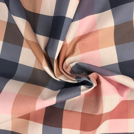 coupon 150 /Katoen - Carreaux blauw roze nude