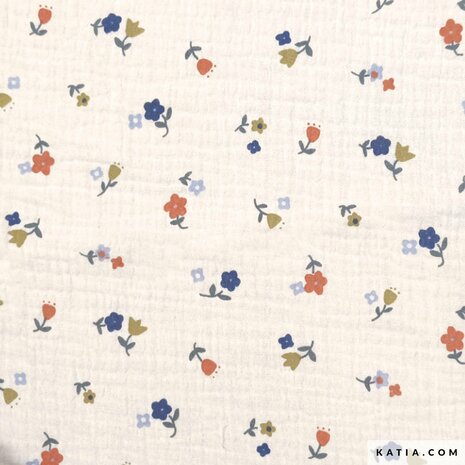 Double gauze - stand right flower oranje blauw