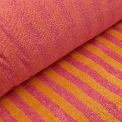 coupon 110 / Bamboo badstof - Strepen meloen roze 