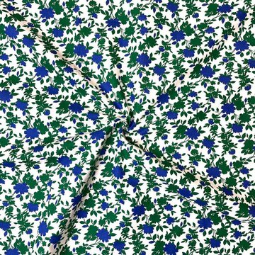 Katoen -Blauw bloemen met groen op wit