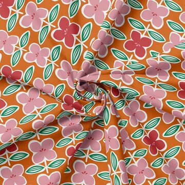 Katoen - Oranje met roze bloem op lijn