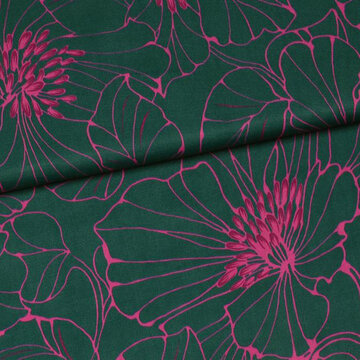 Viscose - Petrolgroen met lijnbloem fuchsia