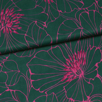 Coupon 120 / Viscose - Petrolgroen met lijnbloem fuchsia