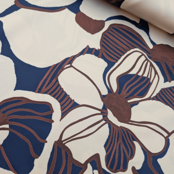 Satijn - Ecru bruin blauw bloem groot